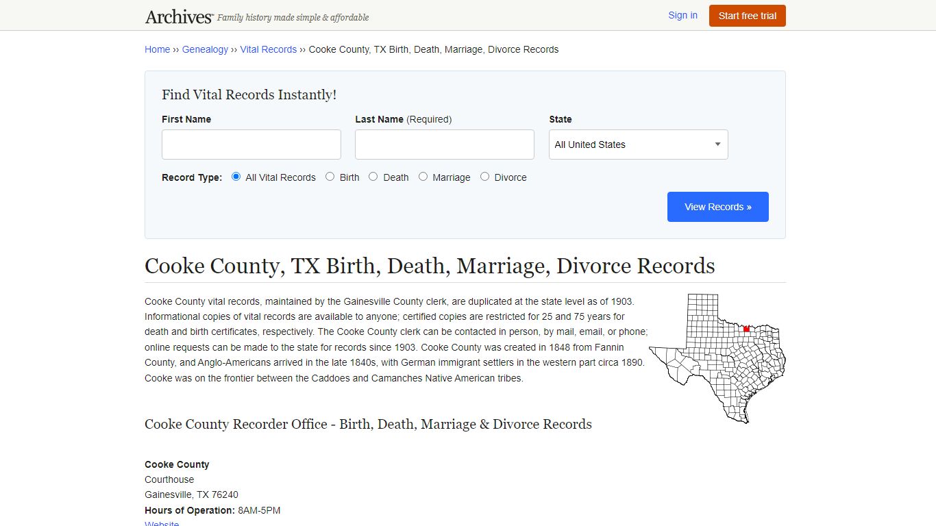 Cooke County, TX Birth, Death, Marriage, Divorce Records